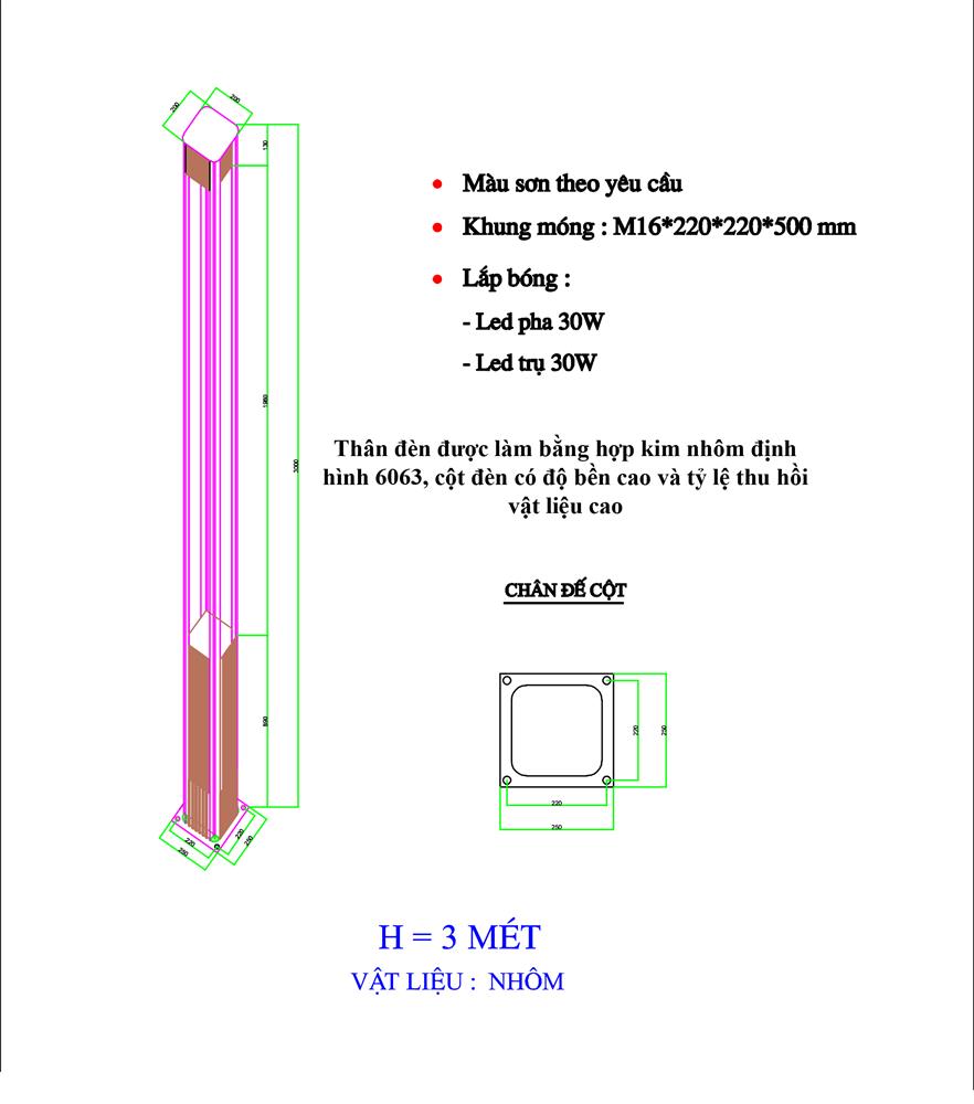 Bản vẽ đèn sv led TODA - H 3 mét